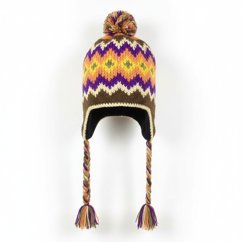 Wool Knit Colorful Chullo Hat Earflap Pom Pom Braided Tassels Nepal Boho Aztec